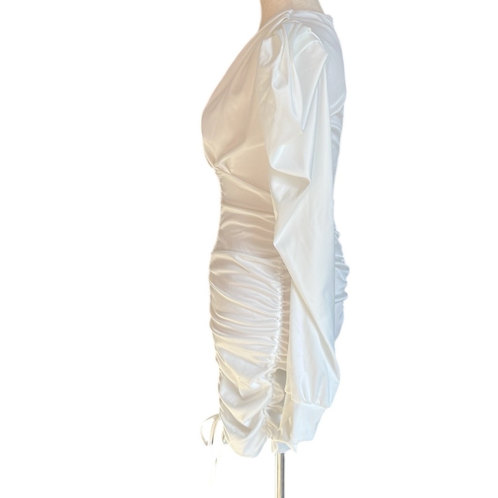 Ruched Short Mini Dress Long Sleeve Puff Sleeve Pleated Drawstring Dress - Picture 7 of 10